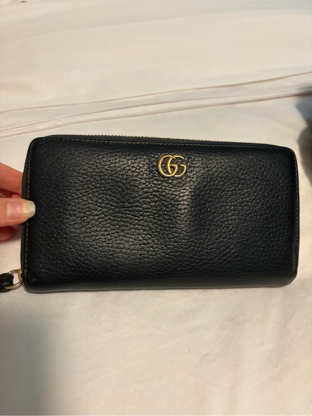 Gucci Black Pebbled Leather GG Marmont Zip Around Wallet